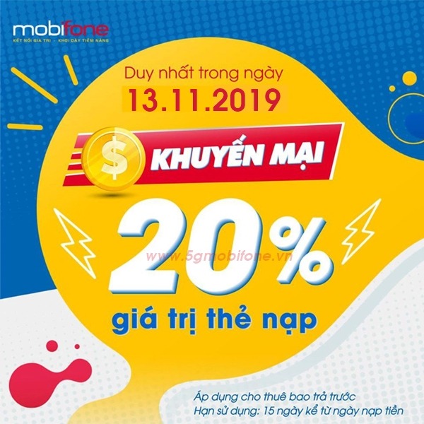 Mobifone khuyến mãi ngày 13/11/2019 ưu đãi 20% thẻ nạp toàn quốc