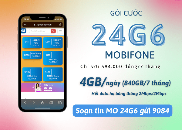 Đăng ký gói cước 24G6 Mobifone miễn phí 4GB/ngày liên tiếp 7 tháng