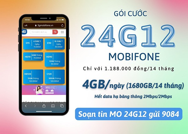 Đăng ký gói cước 24G12 Mobifone ưu đãi trọn gói data dùng thả ga 14 tháng
