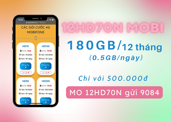 Đăng ký gói cước 12HD70N Mobifone có ngay 180GB dùng thả ga cả năm