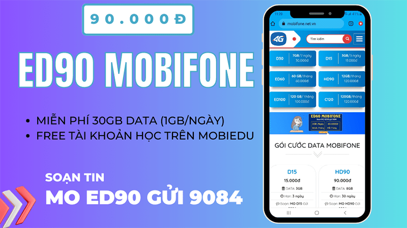 Đăng ký gói ED90 Mobifone ưu đãi 30GB, Free học Online