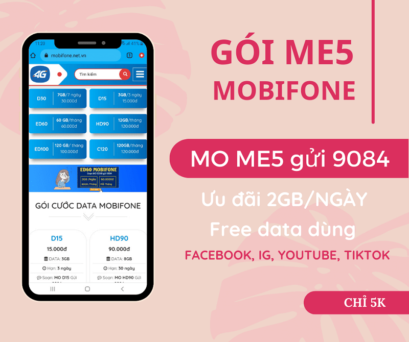 Đăng ký gói ME5 Mobifone ưu đãi 2GB data, Free data dùng MXH