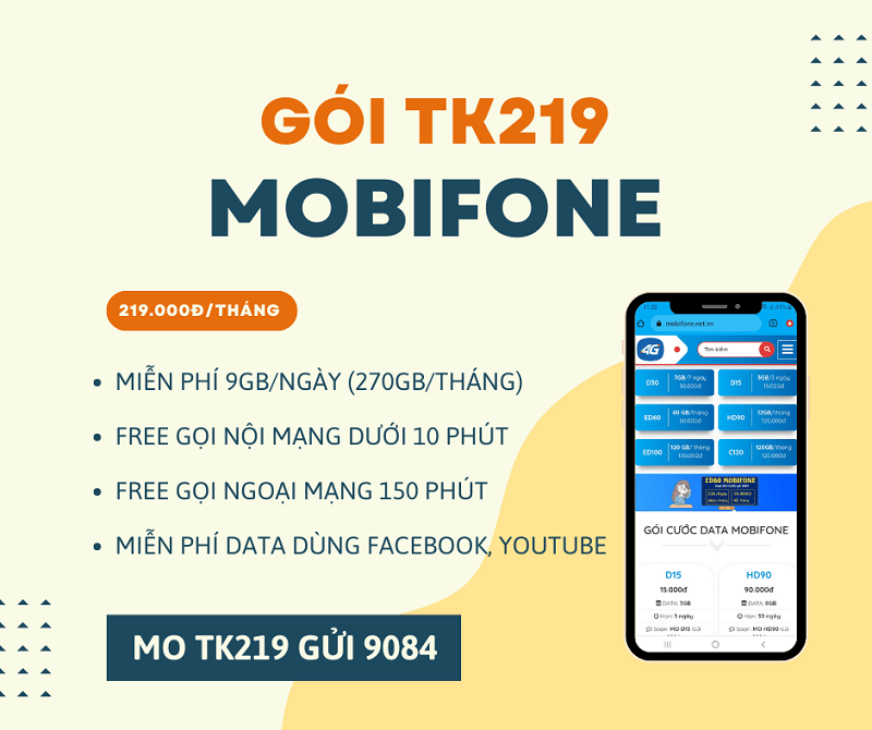 Đăng ký gói TK219 Mobifone ưu đãi 270GB, free gọi thoại